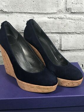 Stuart Weitzman Navy Suede Cork Wedge Pumps - Women
